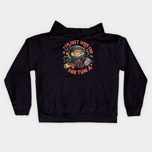 One design features a sneaky ninja cat with a katana in one hand and a can of tuna in the other. (3) Kids Hoodie by YolandaRoberts